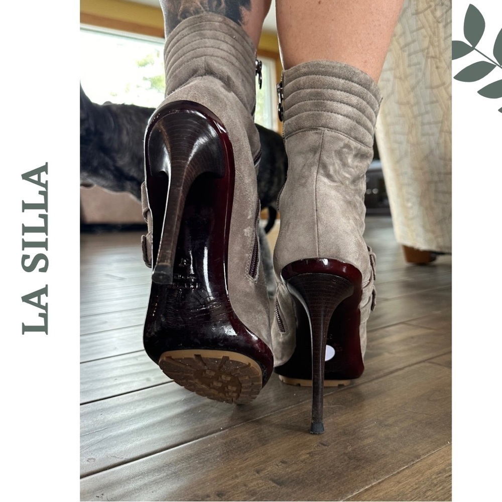 Enio Silla For Le Silla Grey Suede Platform Ankle Boots Stilletto Buckle Size 7 - Picture 10 of 11